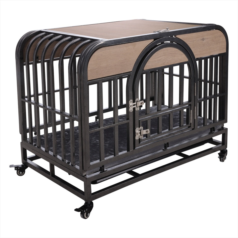 46in Heavy Duty Dog Crate, Furniture Style Dog Crate With Removable Trays And Wheels For High Anxiety Dogs